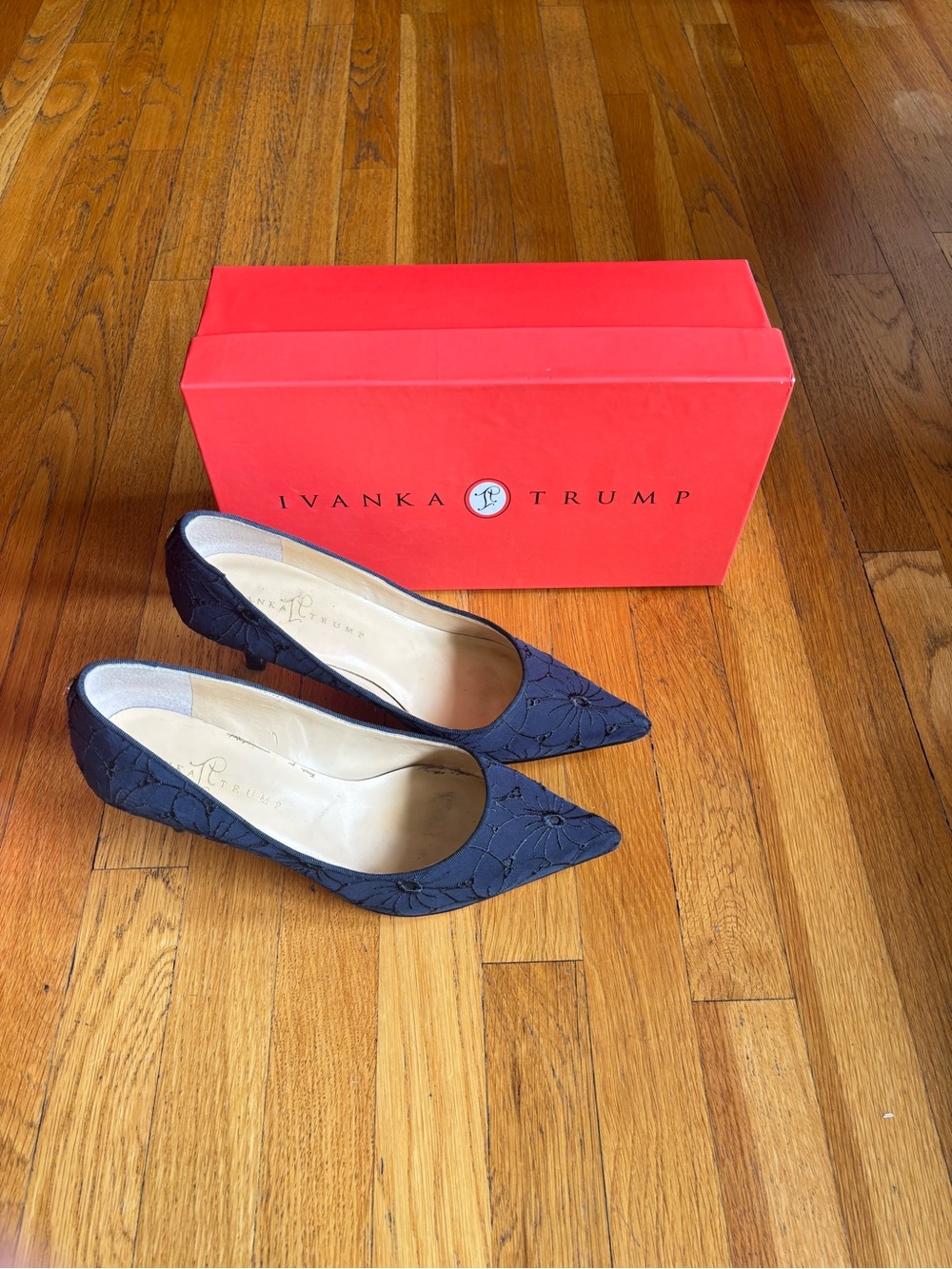 Ivanka Trump Navy Floral Embroidered Pointed-Toe Pumps